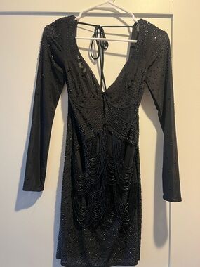Fashion Nova Black Beaded Deep V Mini Dress
